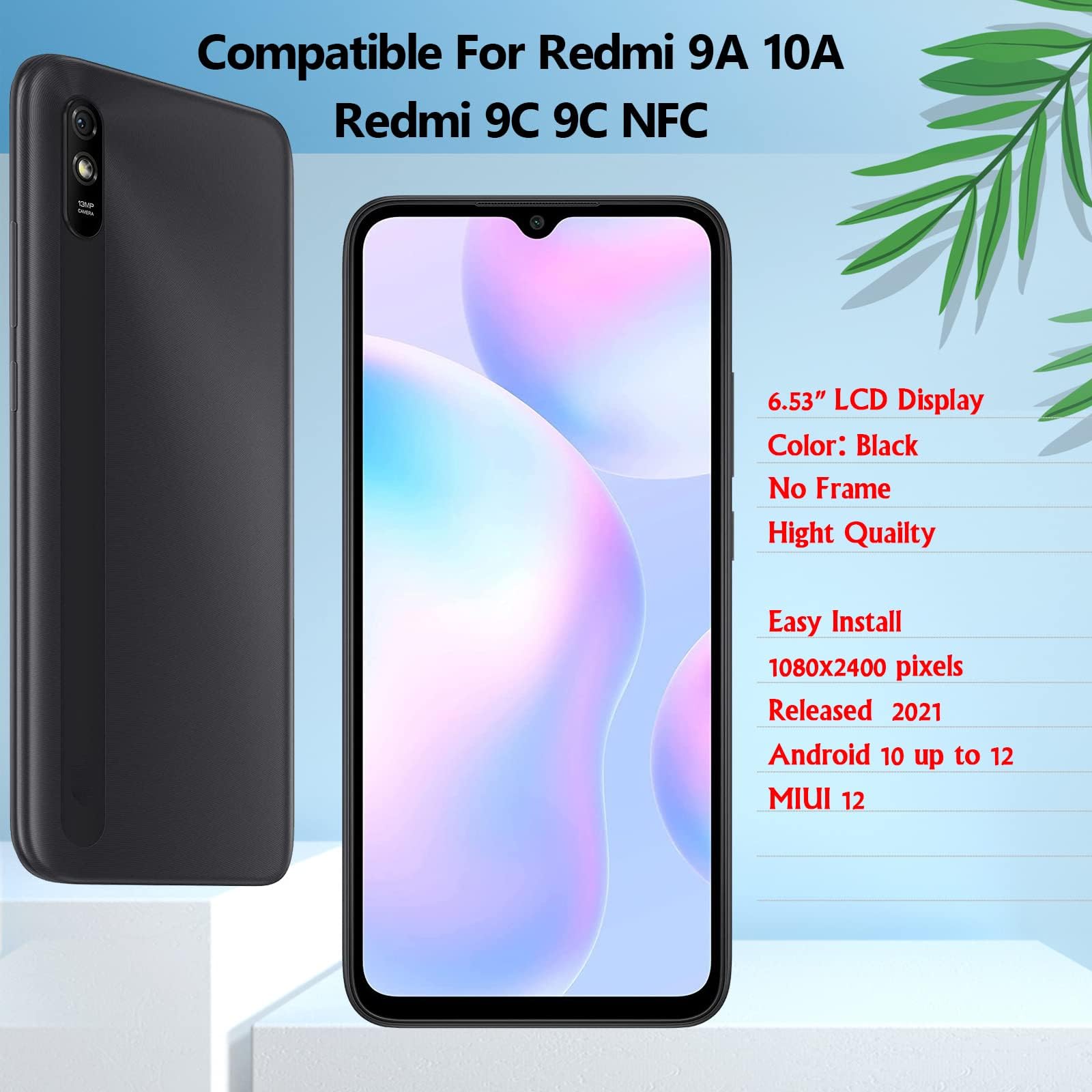 YHX-OU Écran LCD Complet Xiaomi Redmi 10A 9A 9C 9C NFC - Remplacement Avec Outils Et Verre Trempé
