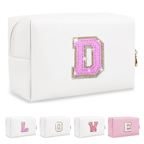 Miniatura 371 de Bolsa de maquillaje personalizada con inicial A-Z Preppy Patch, pequeña bolsa de cosméticos de PU con letra de chenilla y cierre para niñas Negro