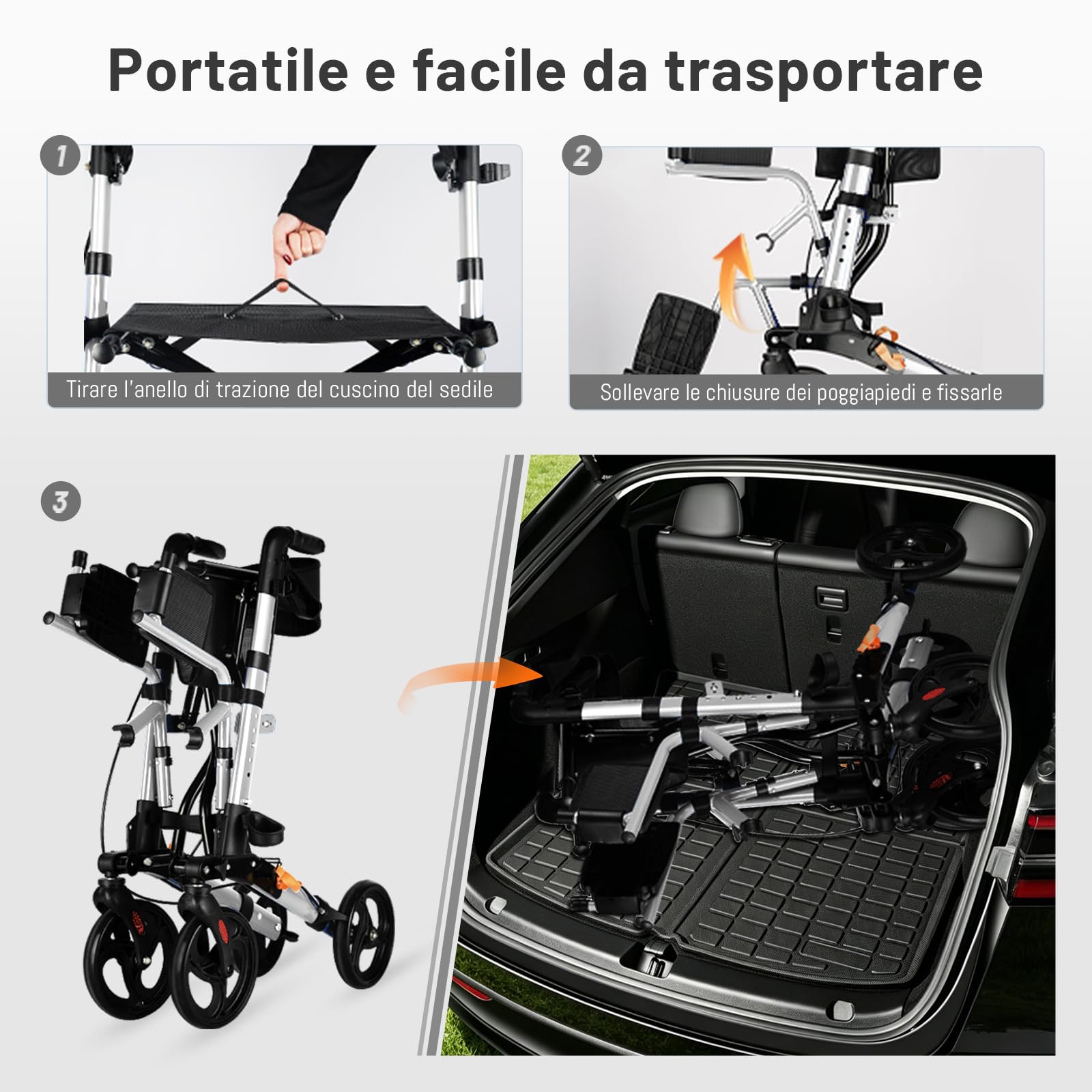 R3 Deambulatore leggero 2 in 1 e sedia a rotelle– Carrello pieghevole regolabile in altezza ed ergonomico, con funzione sedia a rotelle per interni ed esterni, con custodia (Argento)