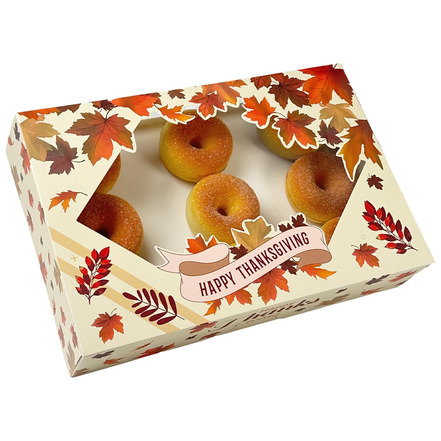 qiqee Thanksgiving Cookie Box with Window 12x8x2.5 inch 24 Packs Two Uses One Second Folding Pastry Biscuit Leaves Bakery Box For Packaging Auto-pop up