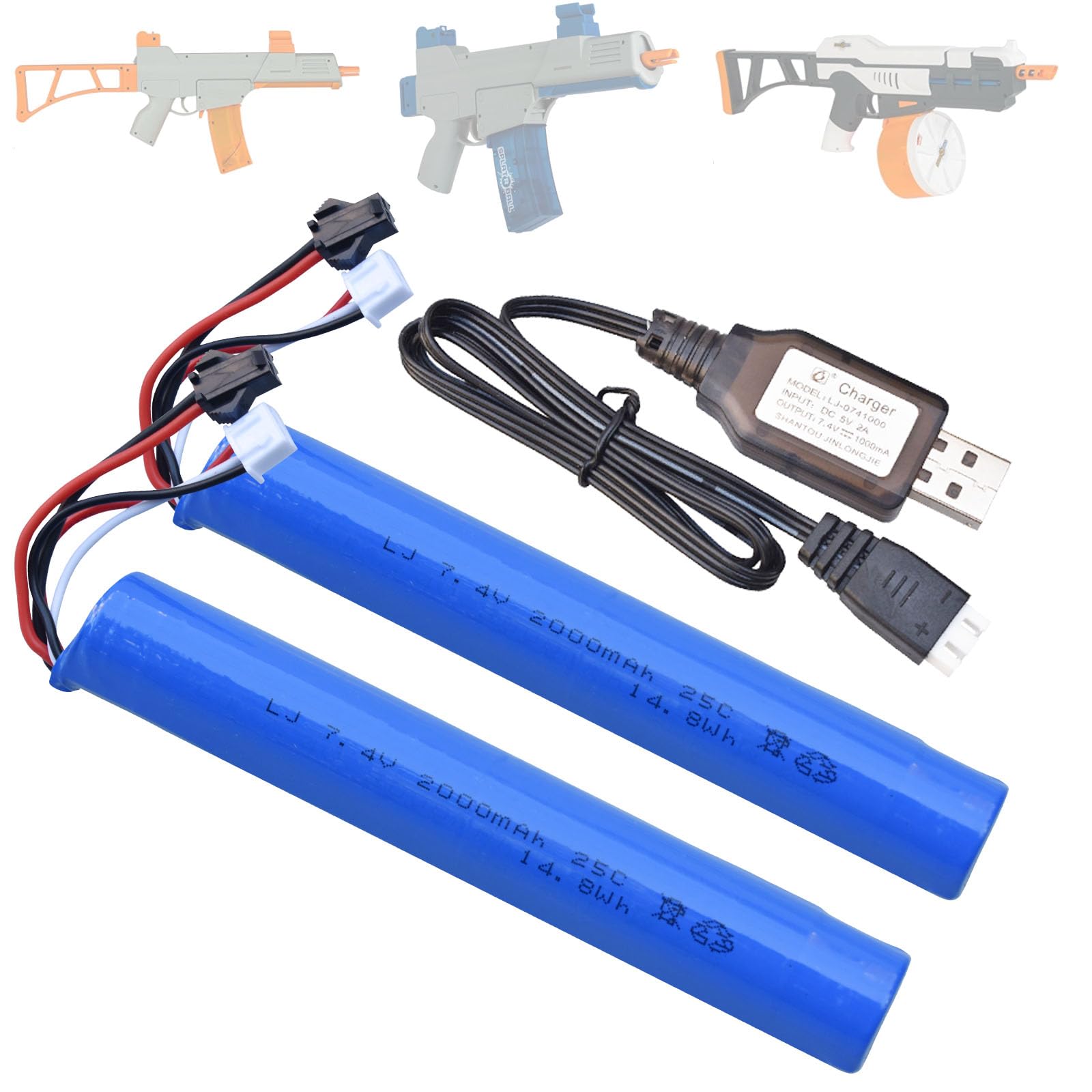 Water Bead Gel Ball Blaster 7.4V 2000mAh Rechargeable Battery with Charging Cable, Airsoft Gel Ball Blaster Battery for SRB400, SRB-400 SUB and SRB1200 (2-Pack)