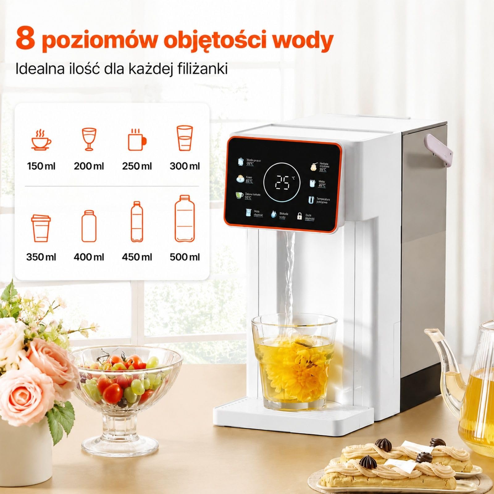 Natychmiastowy dozownik gorącej wody na blat z wyjmowanym zbiornikiem 3 l, 6 regulowanymi temperaturami, 8 objętościami wody i ekranem dotykowym do domu
