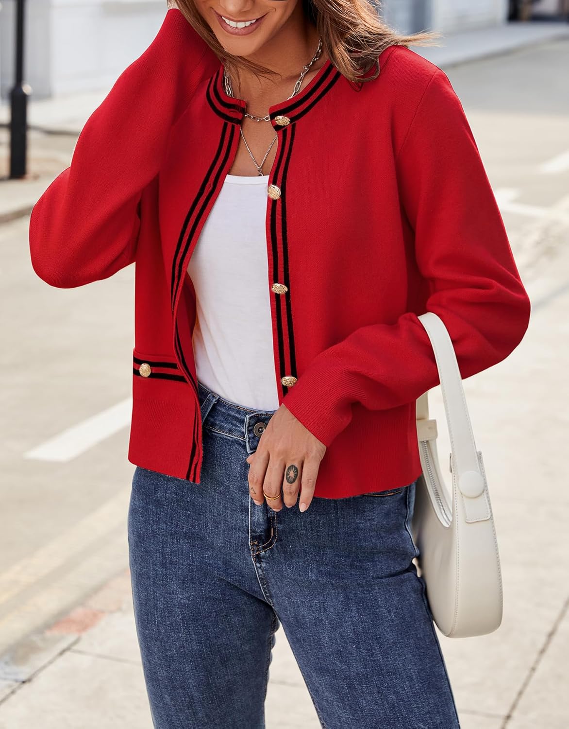 Ladyful Cropped Cardigan Sweater for Women Open Front Knit Tweed Jacket Button Down Fall Work Sweater Top - Image 4