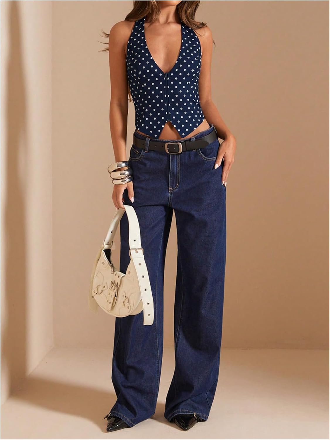 SOLY HUX Women's Vintage Polka Dots Halter Top Summer Lace Up Backless Zipper Party Club Tops - Image 4