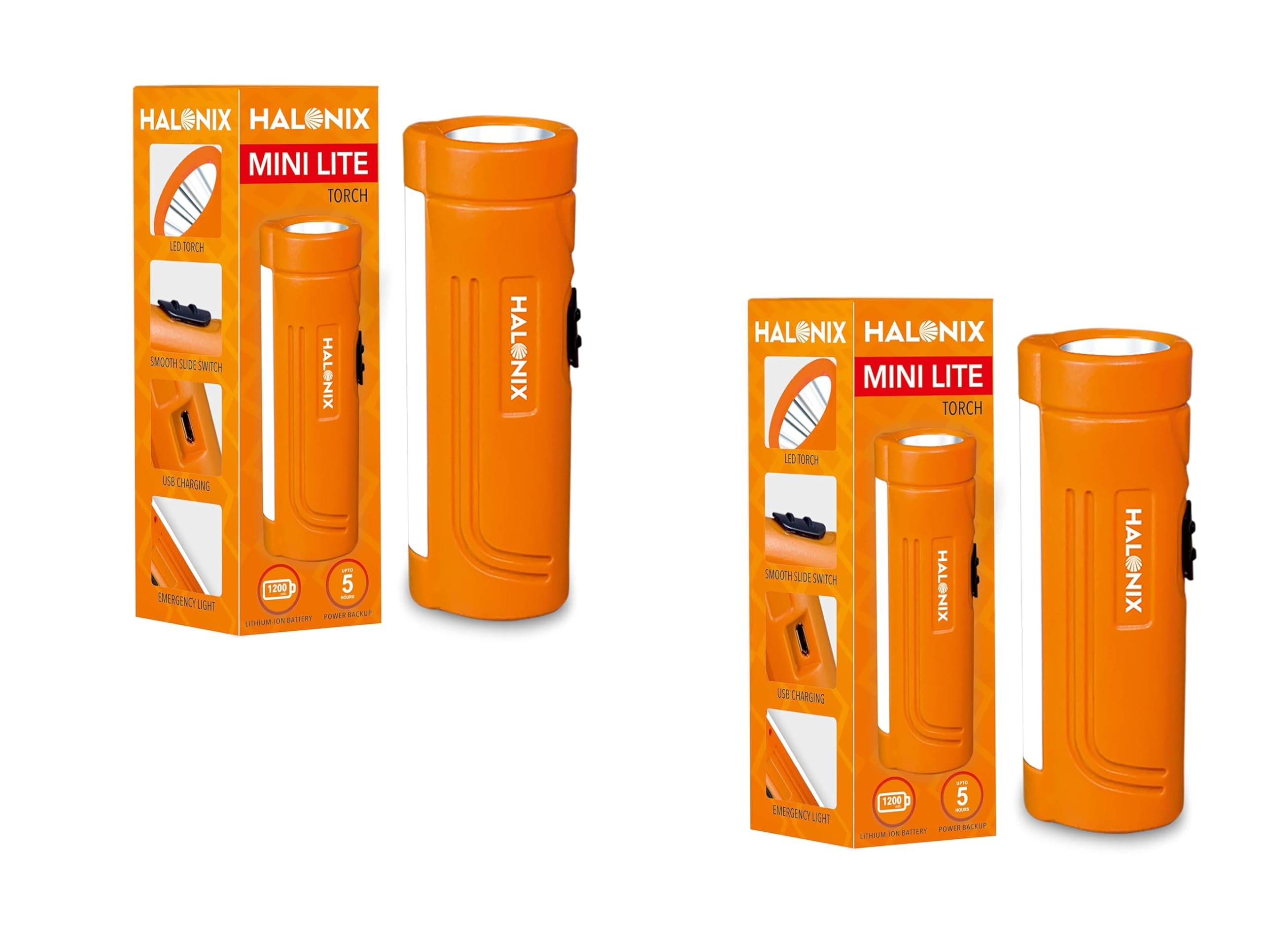 Halonix Plastic 1W and 2W Add-On Minilite Rechargeable Emergency Light Cum Pocket Flashlight Torch | with USB Charging | Smooth Slide Switch | Pocket Emergency Light | Pack 2-image-13