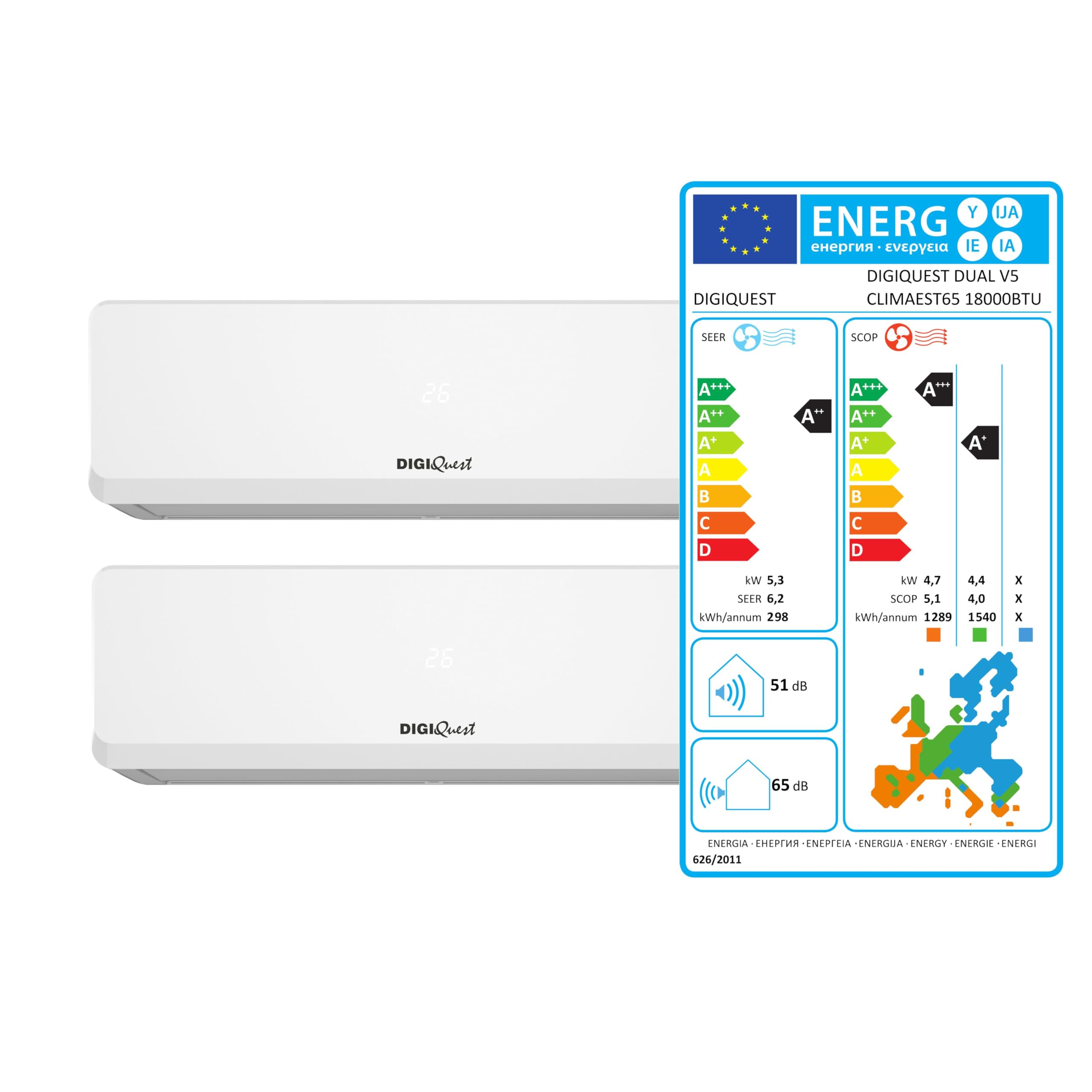 Climatisation Digiquest Dual Inverter V5 9000+12000 Wi-Fi R32 Classe d'efficacité énergétique A++ Refroidissement/A+++ Chauffage I Feel 3D Flux d'air Turbo Nuit SEER 6,2 SCOP 5,1 CLIMA00066