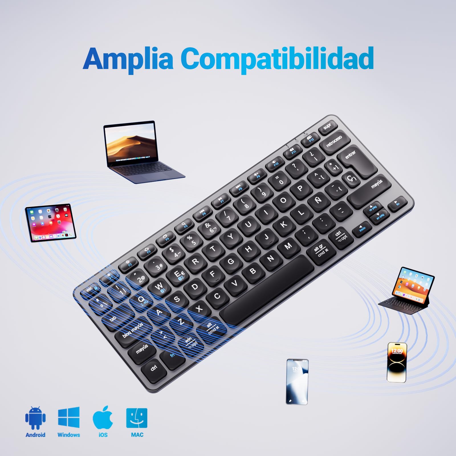 iClever DK02 Teclado Bluetooth para Mac - Compatible Teclado Apple Inalámbrico para Mac iOS PC Android - Cambia Entre 3 dispositivos Con Multi Device Mac Teclado Bluetooth para MacBook Pro/Air, iMac