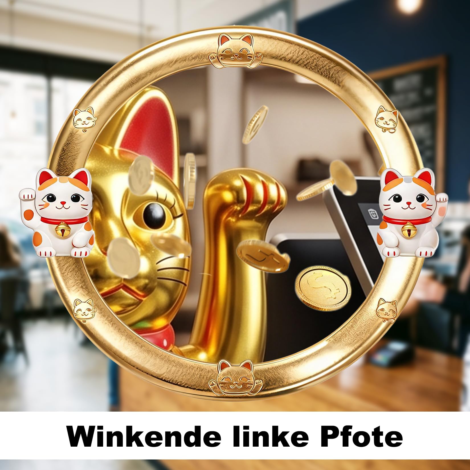 Starlet24 - Gatto portafortuna “Maneki Neko” con zampina che si muove, per feng shui, Plastica, gold, 11 cm