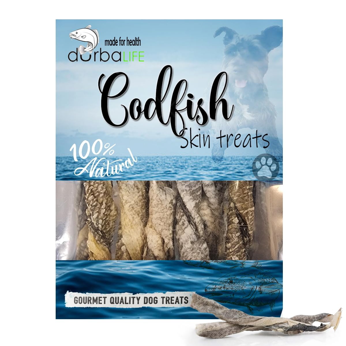 DurbaLife Air-Dried Fish Skin Treats for Dogs (3.1 oz (1-Pack), Twisted Cod Fish Skin)