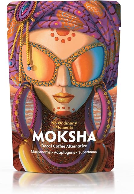 MOKSHA, Caffeine Free Decaf Mushroom Coffee Alternative | Lions Mane, Chaga, Reishi Mushrooms, Maca for Energy and Focus | Coffee Chai Latte Taste | Vegan | No Ordinary Moments | 180g - 36 servings