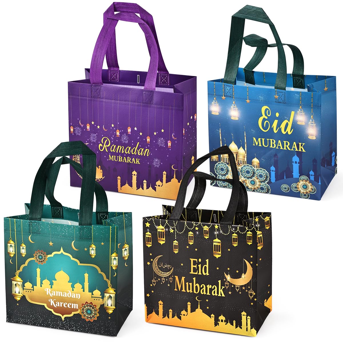 Aviski 4PCS Eid Mubarak Reusable Gift Bags, Treat Bags with Handles, Ramadan Mubarak Party Bags, Multifunctional Non-Woven Eid Bags for Gifts Wrapping, Ramadan Kareem Party Supplies, 23×22×11cmCarbonfree Certified