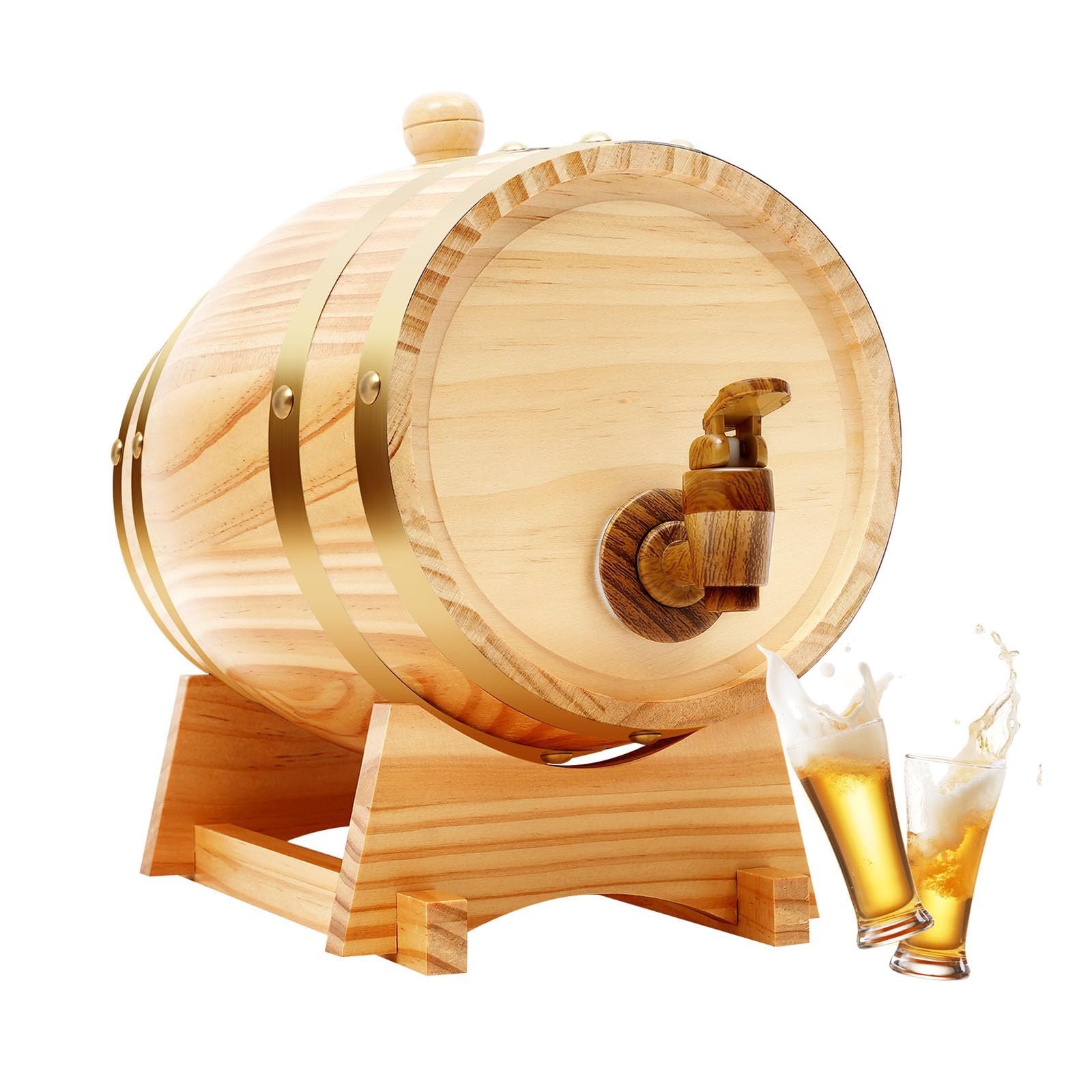 Tonneau en chêne de 3 litres pour vin, whisky et eau-de-vie, carafe à whisky classique en bois de 3 l, avec robinet et support en bois, petit fût à vin, 16 cm (D) × 23,5 cm (H) (3 L)
