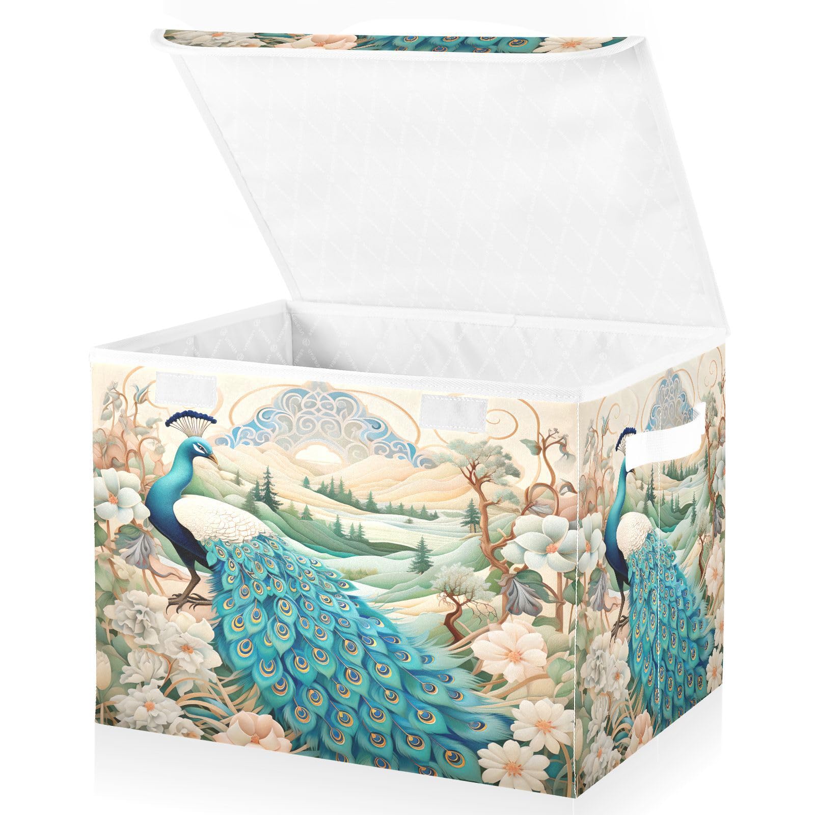 Mnsruu Peacock Flower Storage Boxes with Lids,Fabric Cube Storage Baskets for Toys,Clothes and Books