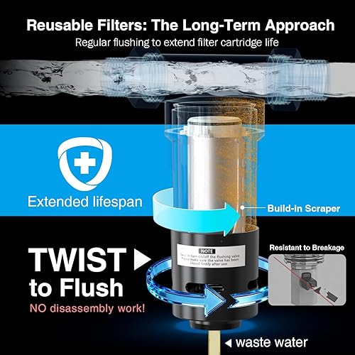 Miniatura 4 de Frizzlife JB40-100 Filtro de sedimento giratorio de doble cartucho, prefiltro de agua para toda la casa, 100 y 40 micrones reutilizable, raspador