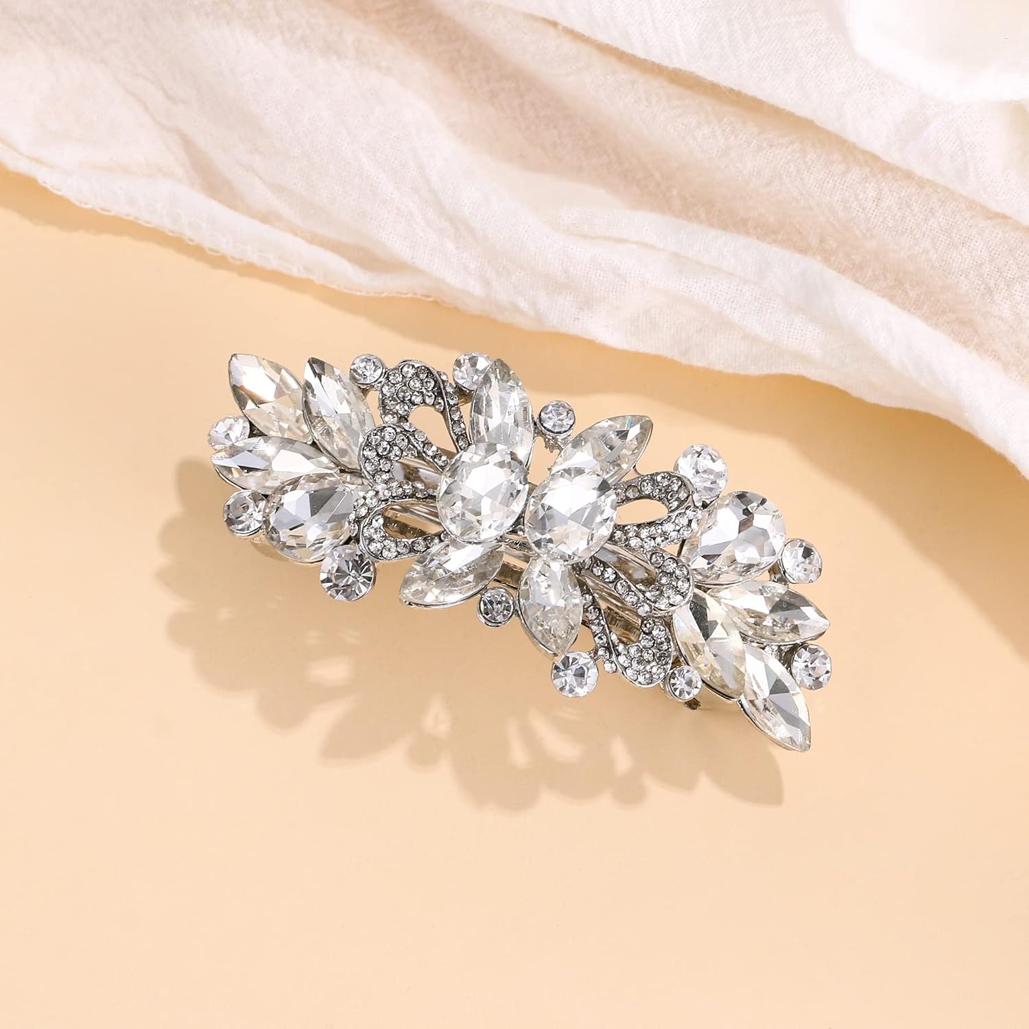EVER FAITH Women's Austrian Crystal Wedding Art Deco Leaf Barrette Hair Clip Clear Silver-Tone