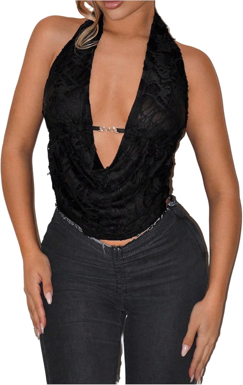 SOLY HUX Women's Halter Tops Deep V Neck Draped Front Sleeveless Backless Summer Tank Top