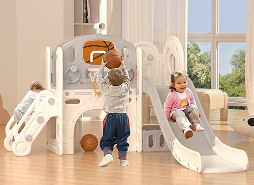 Miniatura 9 de YUFU Tobogán 9 en 1 para niños pequeños de 1 a 3 años, tobogán escalador con aro de baloncesto y pelota, juego para interiores y exteriores (azul +