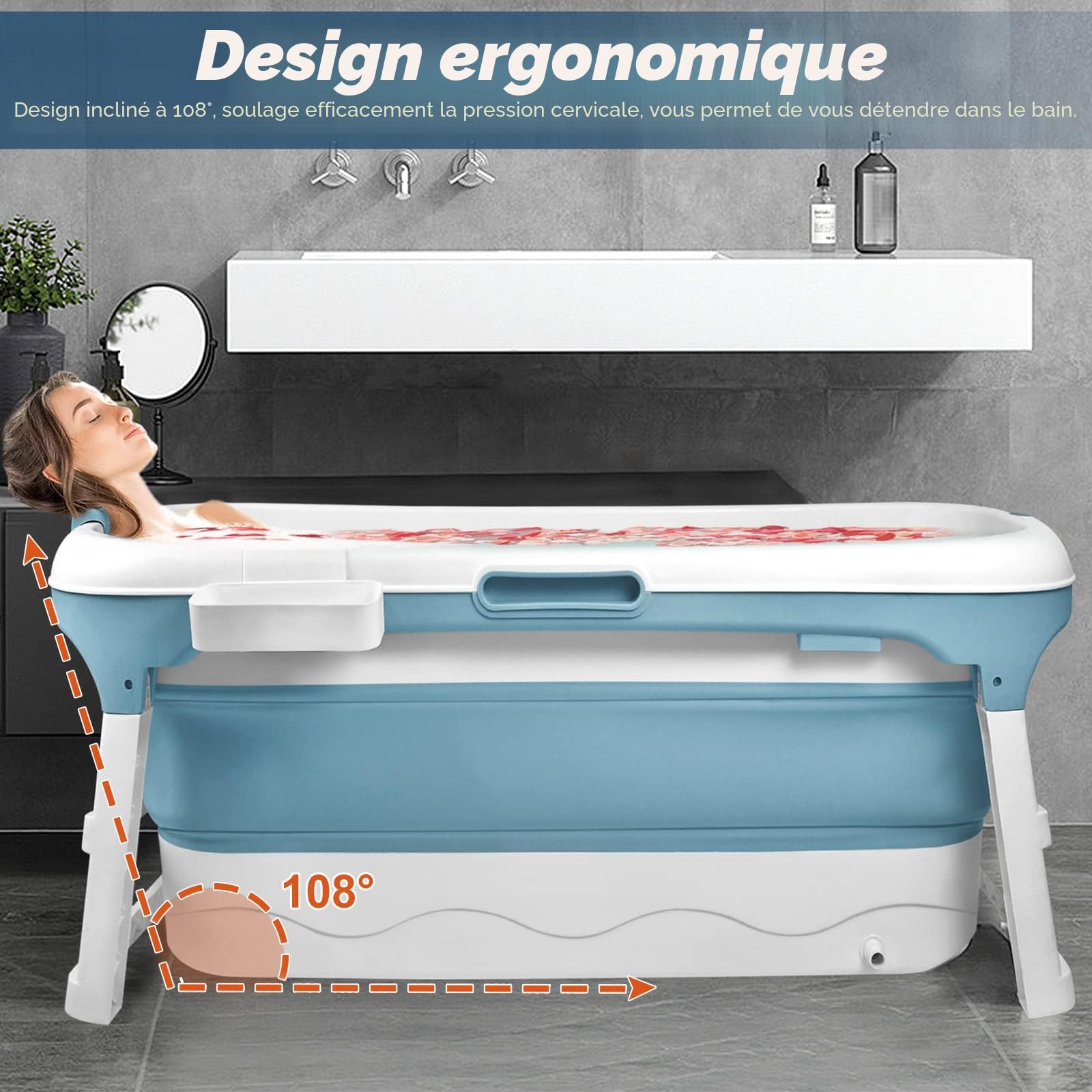 HENGMEI Baignoire pliable adulte XL Mobile Baignoire Portable Avec Couverture Rouleaux de Massage et Tablette de Bain, Bleu (128 x 62 x 52 cm)