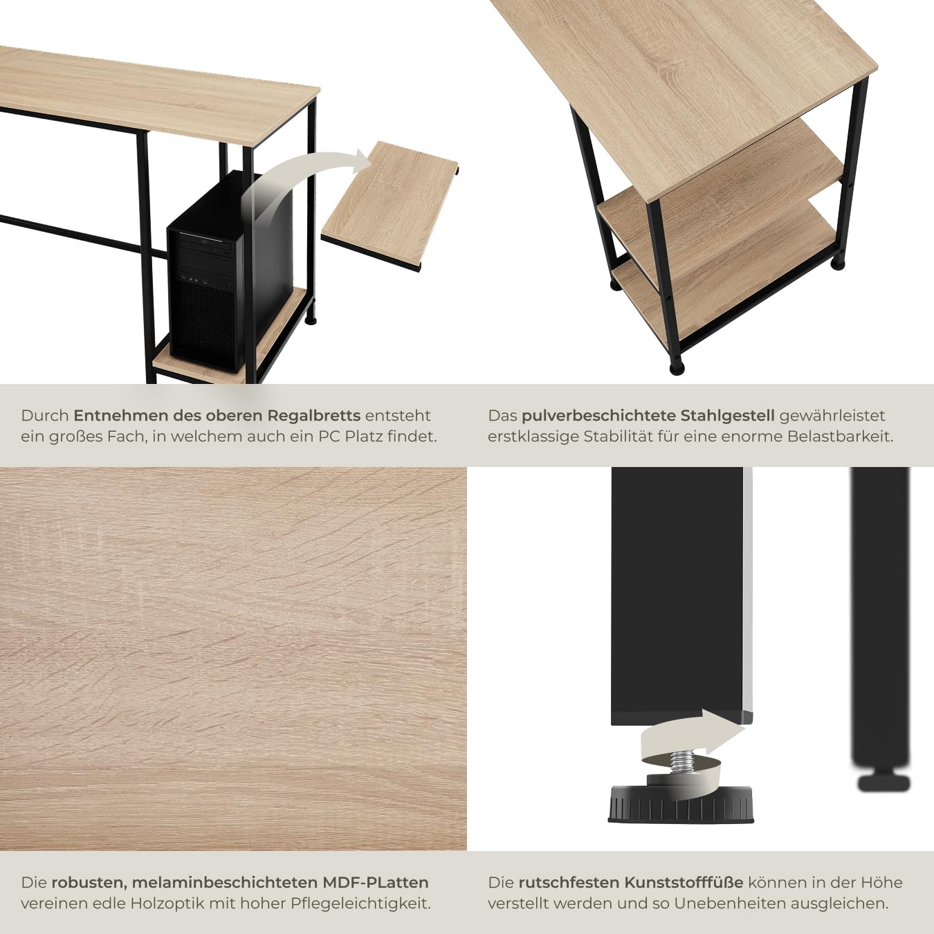 tectake® Schreibtisch L Form, Eckschreibtisch mit Monitoraufsatz, Industrial Schreibtisch, Gaming Tisch, Computertisch, für Home Office, Büro - 138x138x75,5cm - Industrial Holz hell, Eiche Sonoma