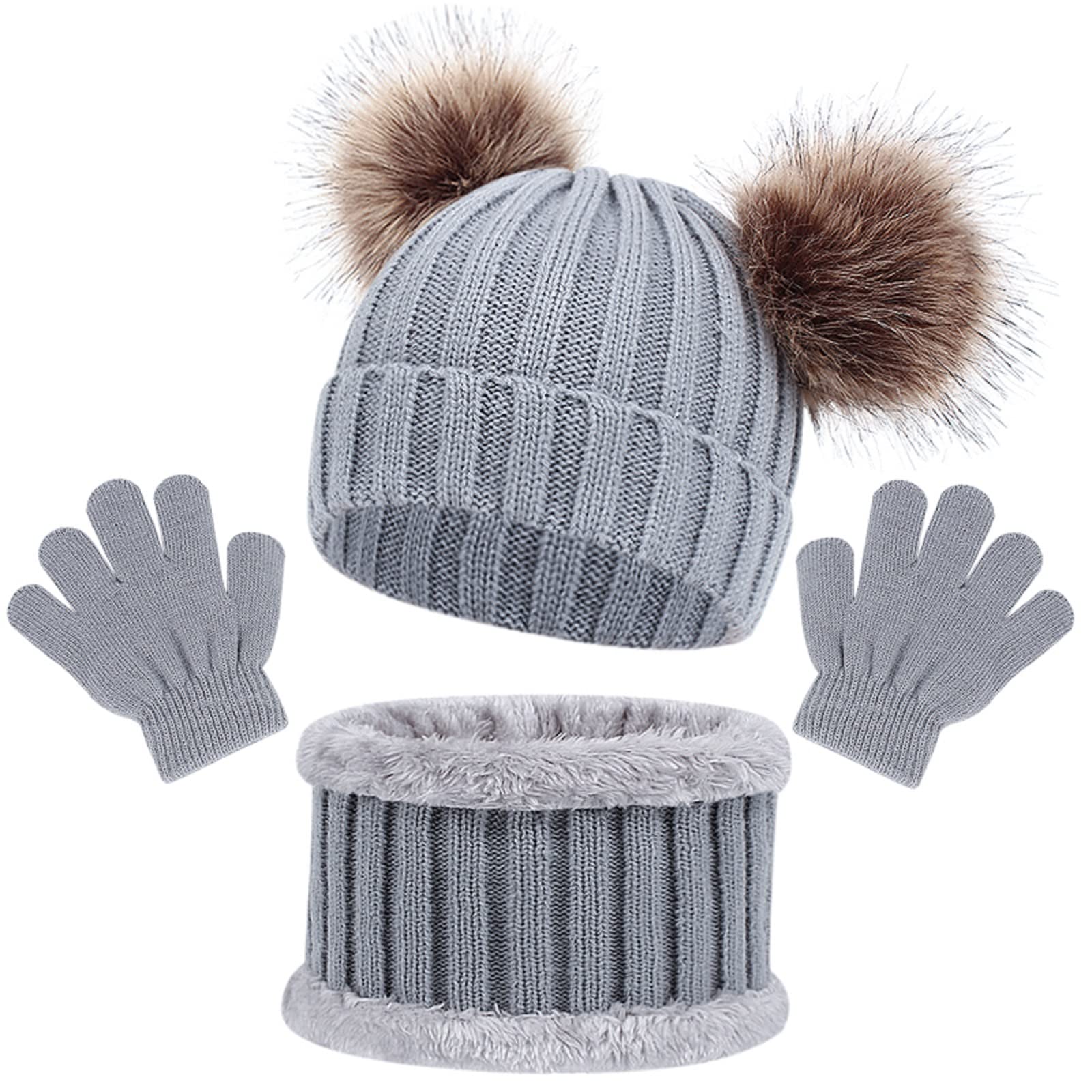 Produktbild von Schlupfmütze Baby Winter Beanie Hut, Schal, Handschuhe Set Für Kinder - Warme Wintermütze Mit Touchscreen Handschuhen Und Rundem Schal Für 5-12 Jahre (Beige Mütze, Schal & Handschuh-sets Für Mädchen
