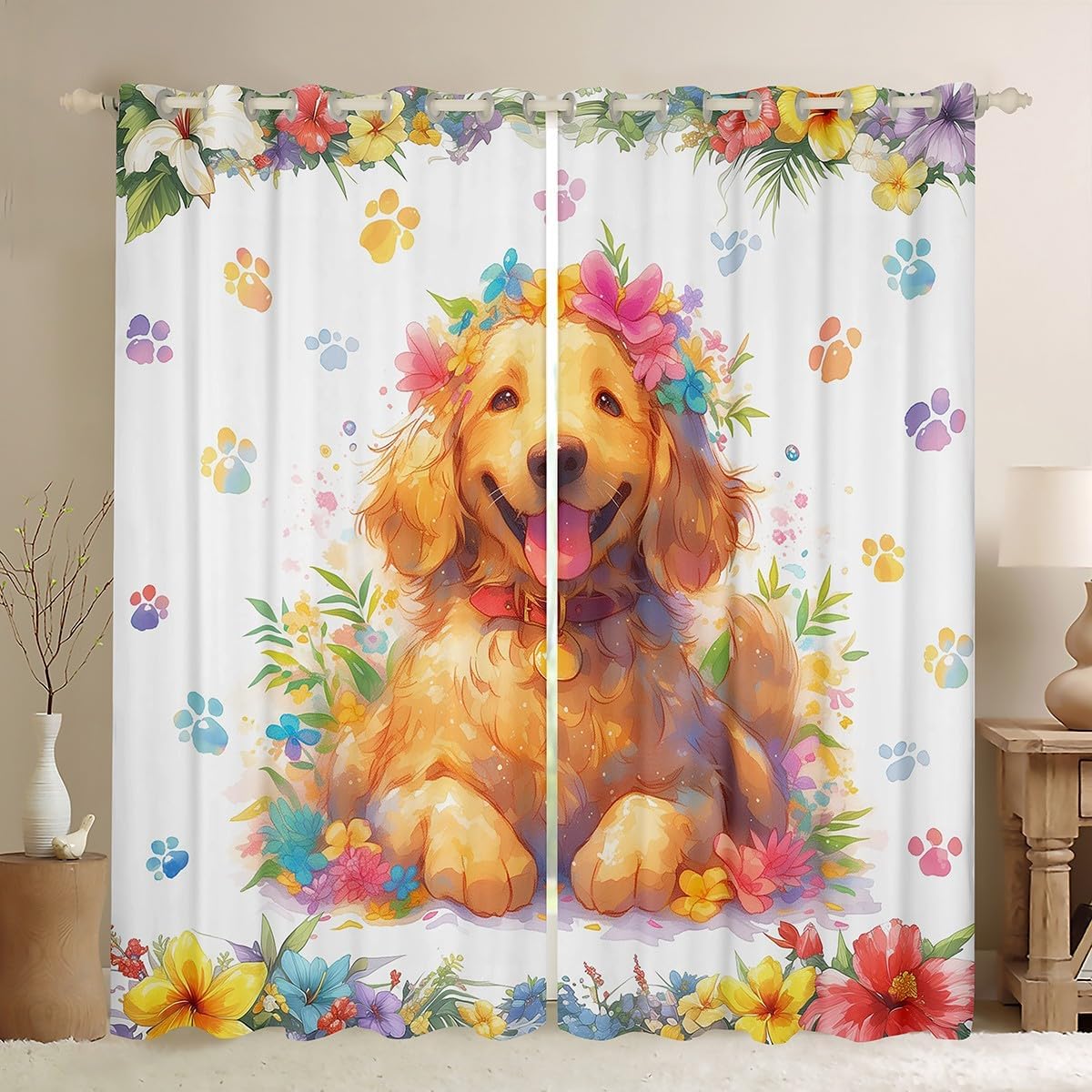 Cute Pug Blackout Curtains 84x84 Toddler Rainbow Floral Flower Curtains & Drapes,Dog Paw Prints Curtains Cute Dog Animal Black Out Curtains Spring Themed Window Drapes Kids Girls Room Decor
