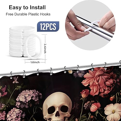 Miniatura 5 de Yookeb Cortina de ducha gótica de Halloween con diseño de esqueleto de 60 pulgadas de ancho por 71 pulgadas de alto, diseño de calavera gótica,