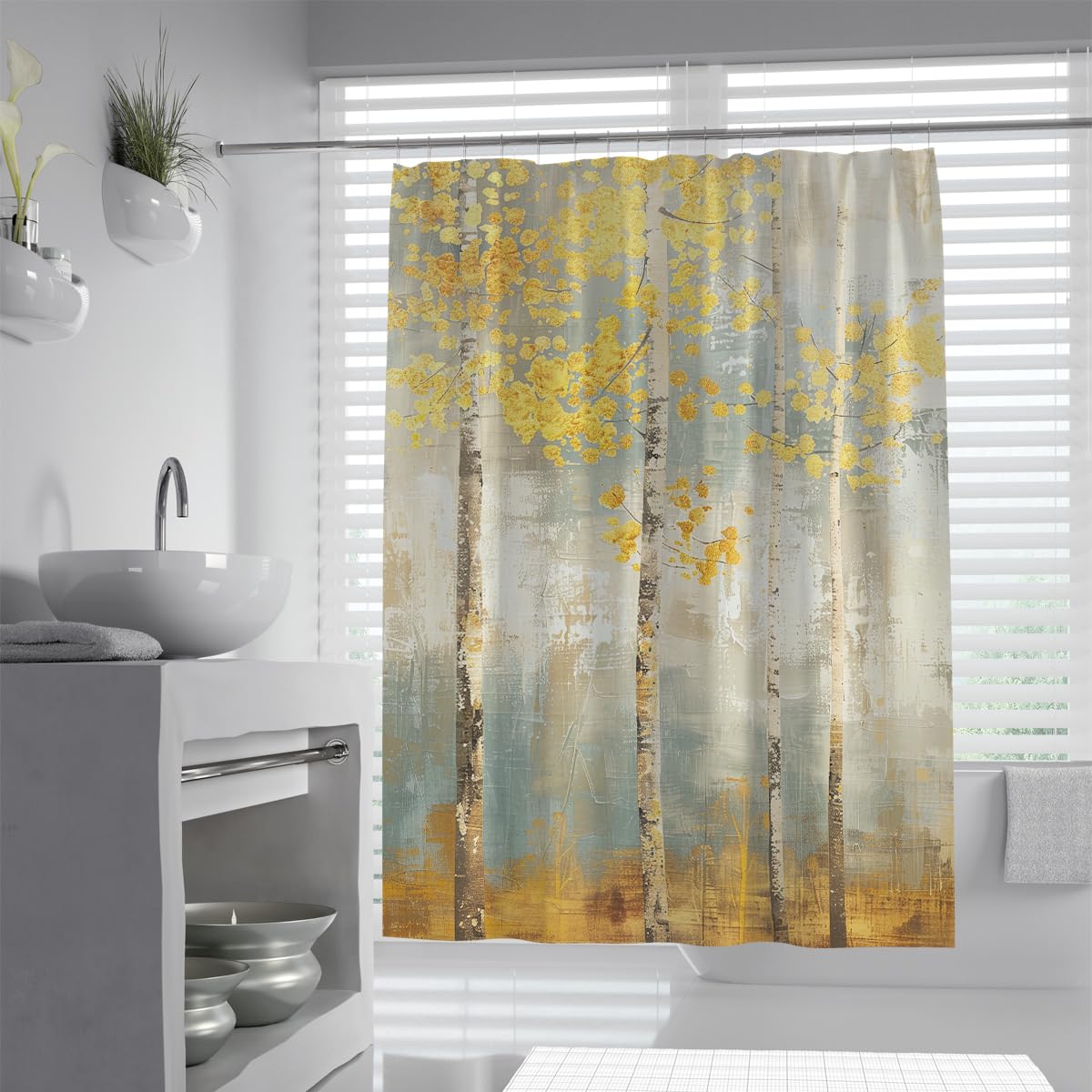 UIRINGART Nordic Bath Curtain W100xL180cm Yellow Grey Birch Forest Trees Nature Landscape Pattern Mildew Mould Resistant Waterproof Fabric Bathroom Wet Room Tub