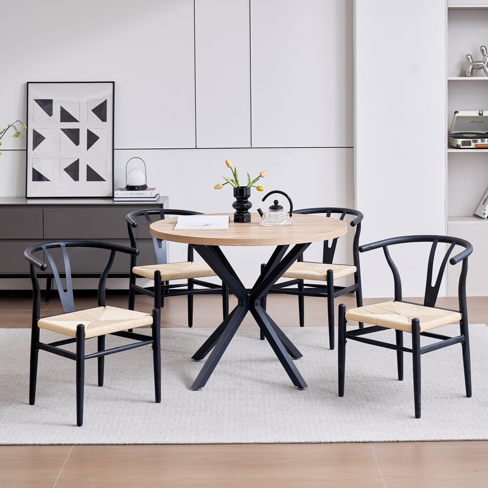 Juego de 4 Silla de Comedor Tejida Moderna, Cojín de Ratán de Alta Densidad, Patas de Metal Negro, Adecuada para Comedor, Sala de Estar, Cocina （Marco de Metal Negro）