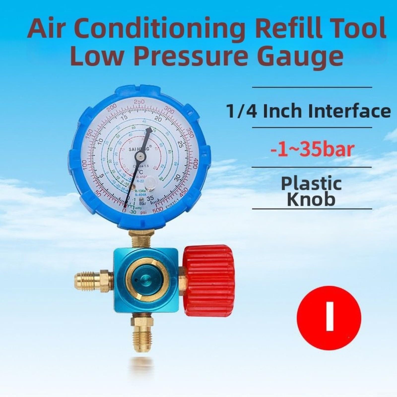 Manomètre basse pression AC avec verre de visée pour R22 R134a R410A R404A, port 6,35 mm, plage de -30 à 500 PSI pour chargement CVC