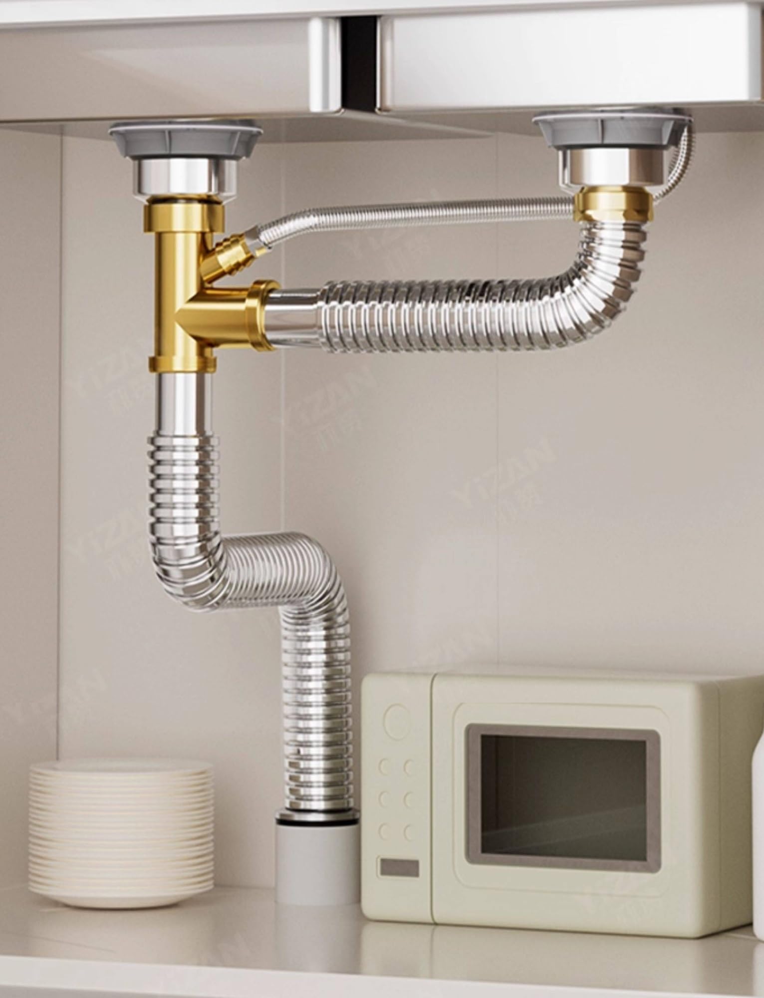 Kit di scarico universale for lavello in acciaio inox con troppopieno, sifone a P flessibile e tubo di scarico prolunga, gruppo completo di scarico for lavello da cucina(60cm-23.6In)