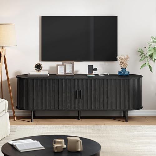 Miniatura 7 de Soporte de TV de 63 pulgadas con toma de corriente, consola multimedia moderna con puertas correderas, centro de entretenimiento para televisores de