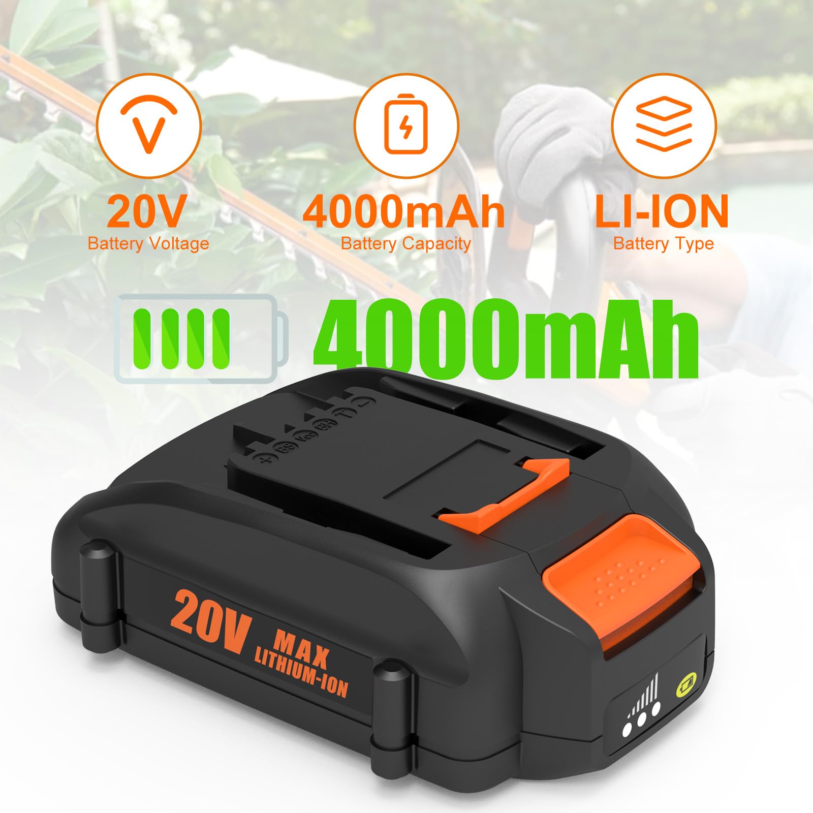 4.0Ah 2Pack 20V Battery Replacement for Worx Battery 20V WA3525 WA3520 WG151s WG251s WG255s WG540s WA3578 WG155s WG545s WG890 WG891 - 3
