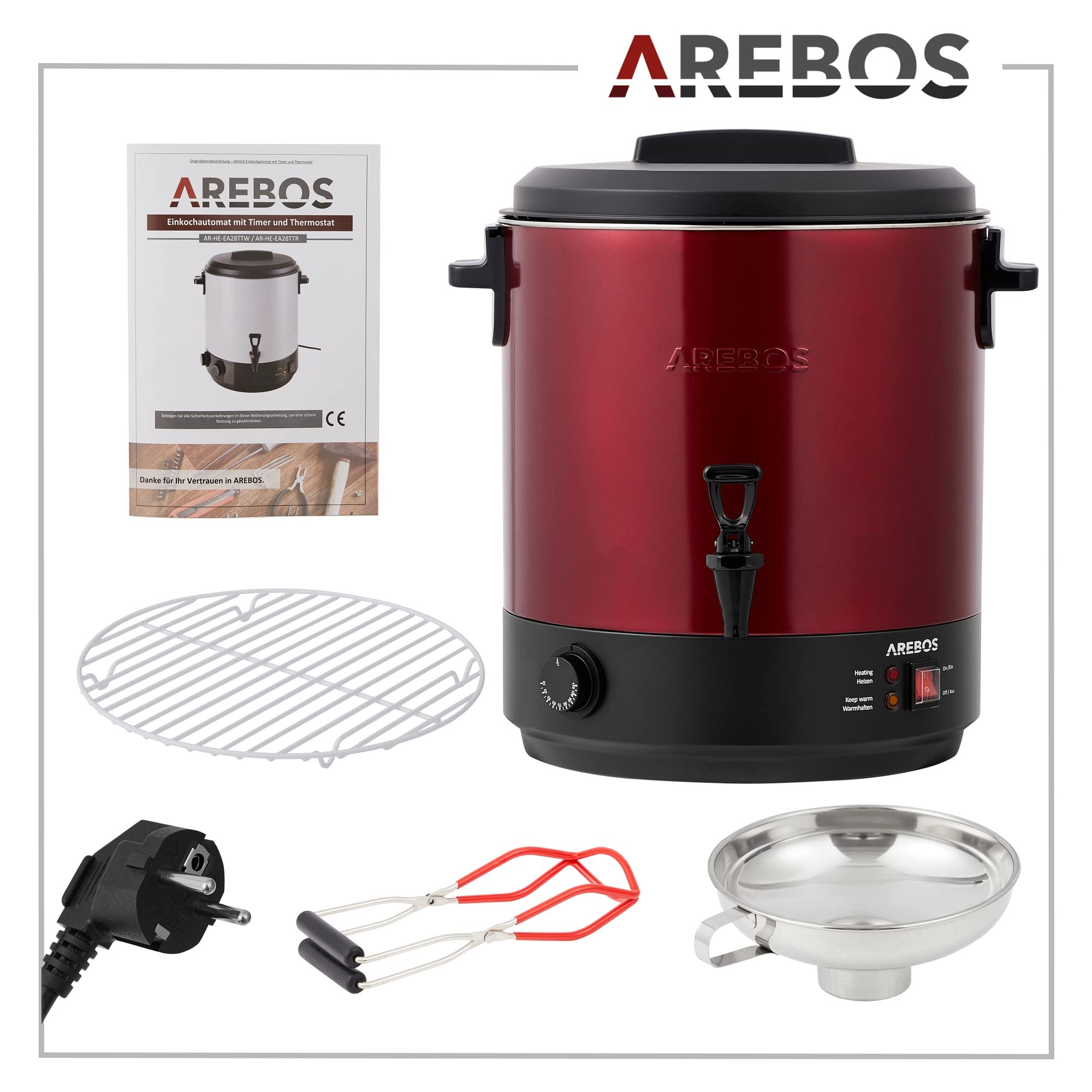 Arebos Cocedero de Conservas 2500 W | olla de 28 L | con termostato y protección contra sobrecalentamiento | ajuste de temperatura continuo de 30 a 100 °C | hervidor de vino caliente | color rojo