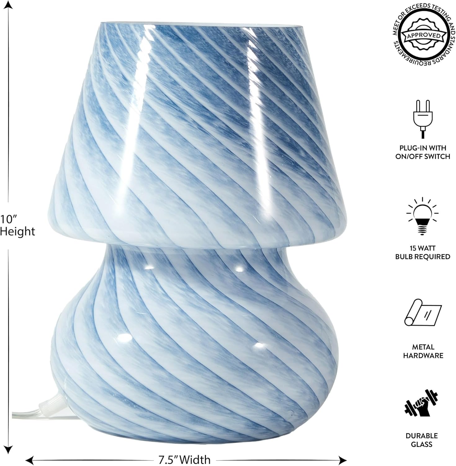 Urban Lifestyle 10" Blue Stripe Glass Mushroom Lamp, Modern Retro Table Lamp for Bedroom, Living Room, or Office Décor