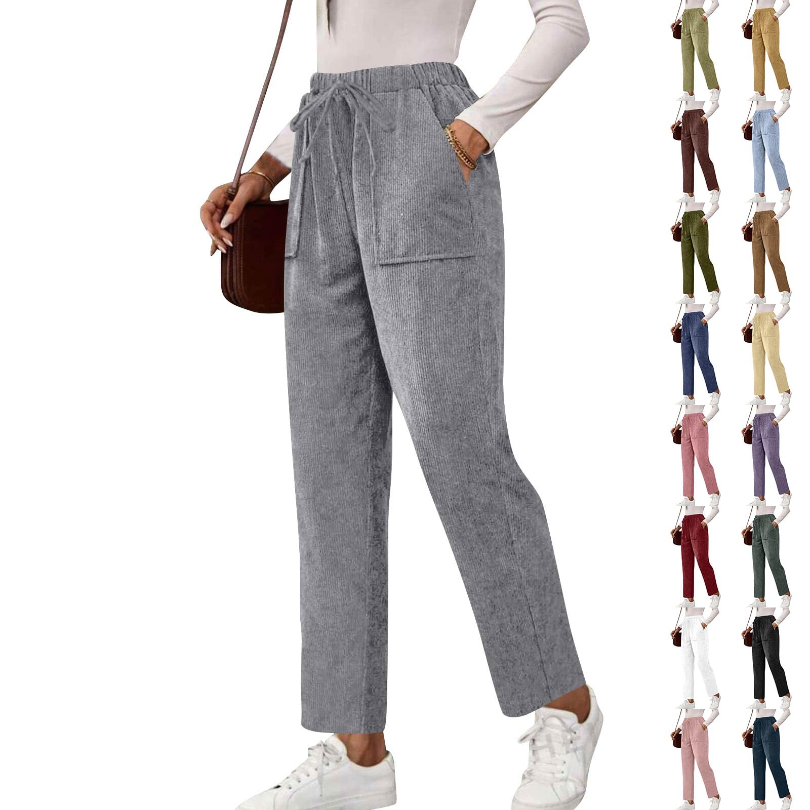 Straight Leg Corduroy Pants Women Trendy High Waisted Baggy Sweat Pants Drawstring Comfy Vintage Sweatpants Casual Trousers