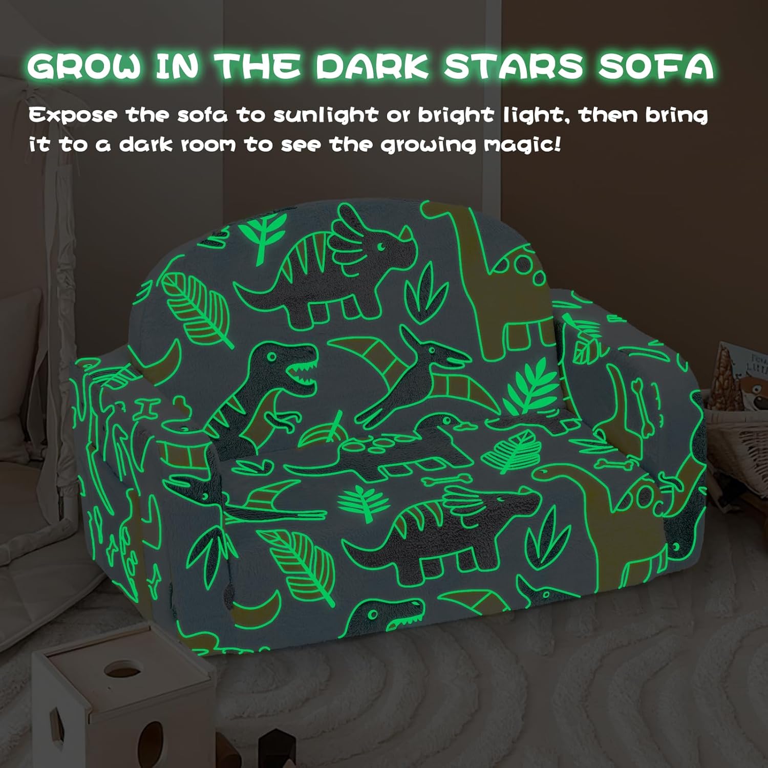Extra Wide Kids Couch, 2-in-1 Soft Toddler Couch with Blanket, Glow in The Dark, Comfy Toddler Chair with Cloud Pillow, Convertible Sofa, Dinosaur