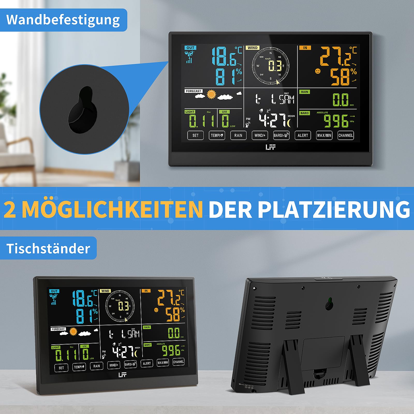LFF 7-In-1 Wetterstation Funk mit Außensensor, 7,5-Zoll-Display Funkwetterstation mit DCF-Funkuhr, Wetterstation mit 4-Stufen Hintergrundbeleuchtung, UV-Index,Windmesser, Regenmesser, Wettervorhersage