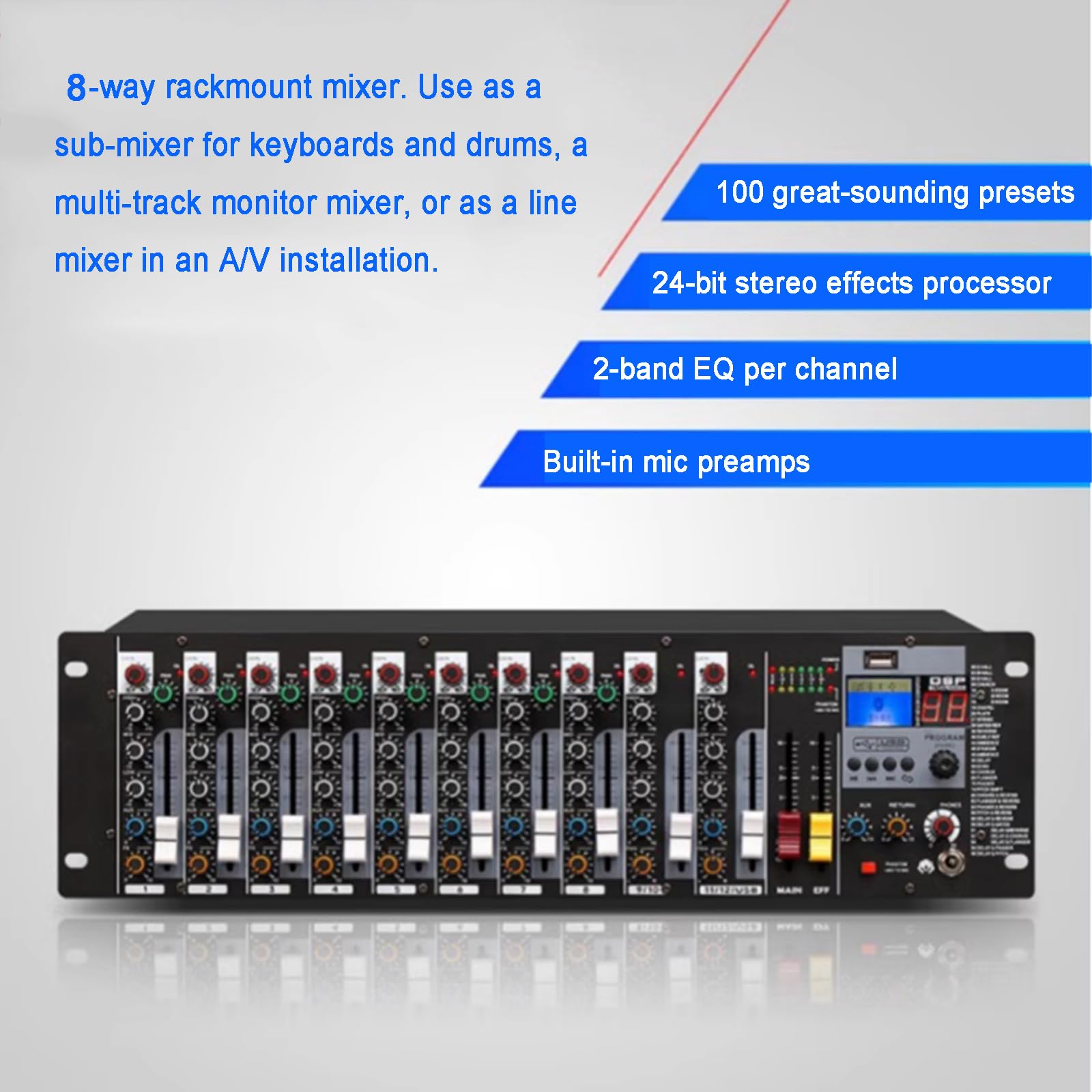 Mikser liniowy stereo, przedwzmacniacze mikrofonowe z 8 wejściami, mikser audio do montażu w szafie, 3-pasmowy korektor na kanał, obsługa odtwarzania USB/MP3, wejścia XLR, do studia