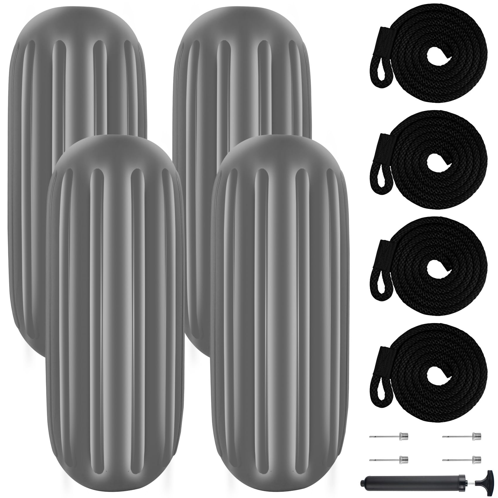 VEITHI Boat Fenders 4 Pack 6 x 15 inch Grey, Hole Through Middle Vinyl Boat Bumper Fenders,Boat Bumpers for Docking Come with Ropes Needles and Pump, Inflatable Ribbed Fenders for Boat/Pontoon/Yacht â image 1