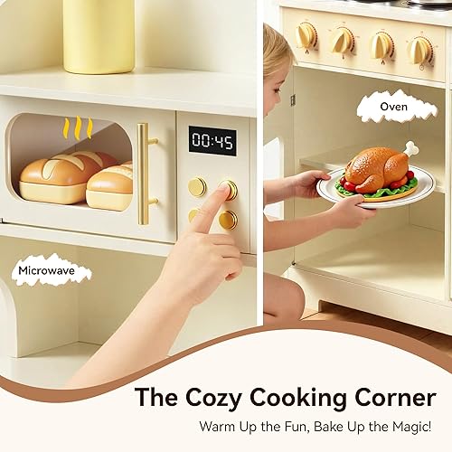 Miniatura 4 de Juego de cocina para niños con diseño giratorio, juego de cocina de madera para niños con máquina de hielo, juego de cocina de juguete para niños y