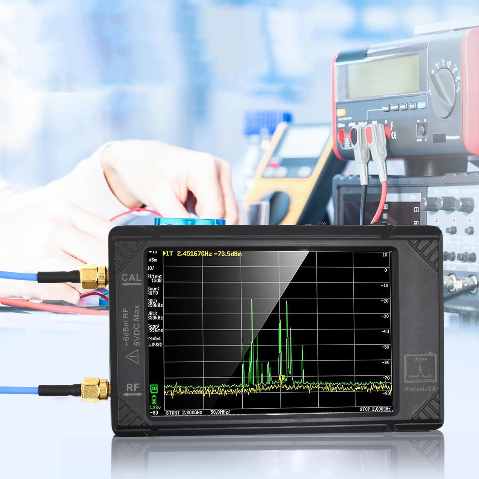 Bewinner Analizador de Espectro Handheld Tiny, 100kHz a 5.3GHz 2 en 1 Analizador de Frecuencia y Generador de Señal, Pantalla Táctil de 4 Pulgadas con Modo Ultra, Batería de 3000 MAh,