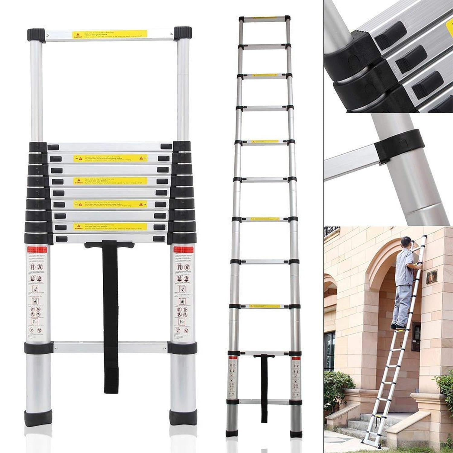11 Feet Portable Lightweight Adjustable Compact Stable 3.2 Meter Telescopic Aluminium Ladder for Home and Outdoor-image-6