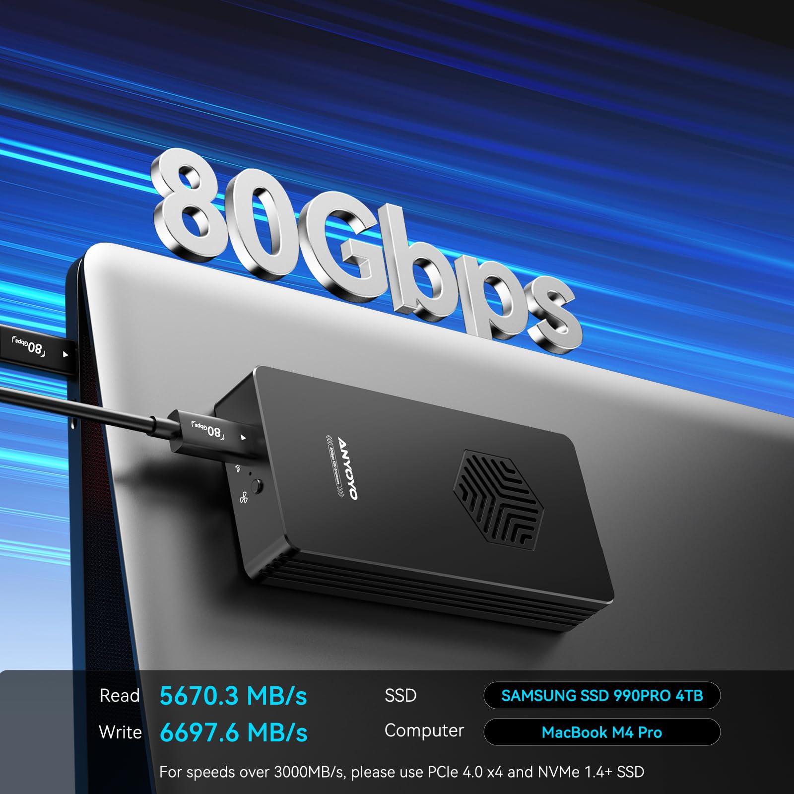 ANYOYO Obudowa SSD M.2 NVMe 80 Gb/s, kompatybilna z Thunderbolt 5/4/3 i USB4 V2.0, zewnętrzna obudowa SSD o wysokiej prędkości do MacBooka M4/Mini, aluminiowa konstrukcja wentylatora chłodzącego