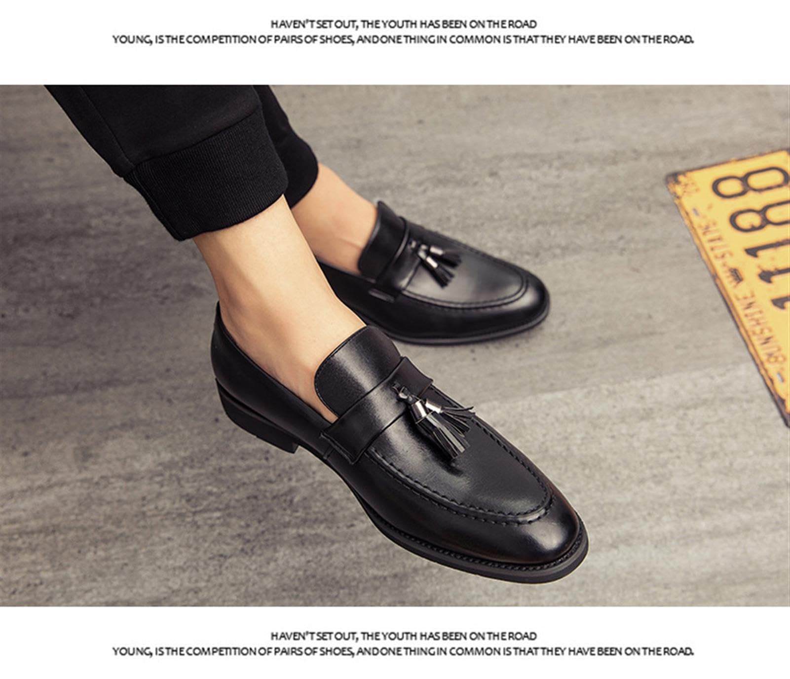 Mocasines Sin Cordones con Borlas De Cuero para Hombre Mocasines De Fumar Clásicos Penny Flats para Vestidos Informales De Negocios Fiesta De Graduación,Negro,38 EU