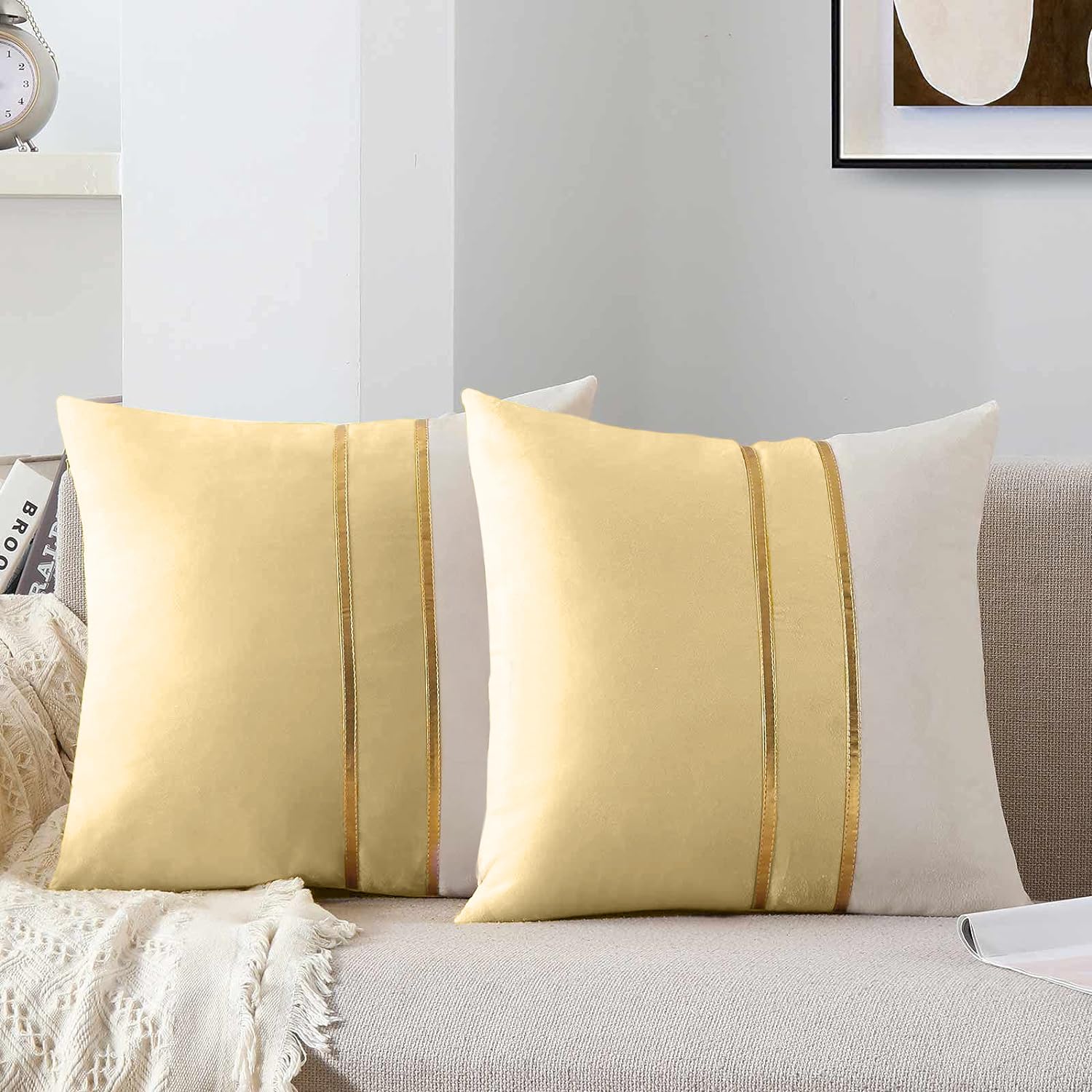 AEROHAVEN™ Set of 2 Premium Velvet with Gold Stripes Decorative Throw Pillow/Cushion Covers with Invisible Zipper - (12 x 12 Inch, Cream) (B0CV8K2BMR) Amazon Price History, Amazon Price Tracker