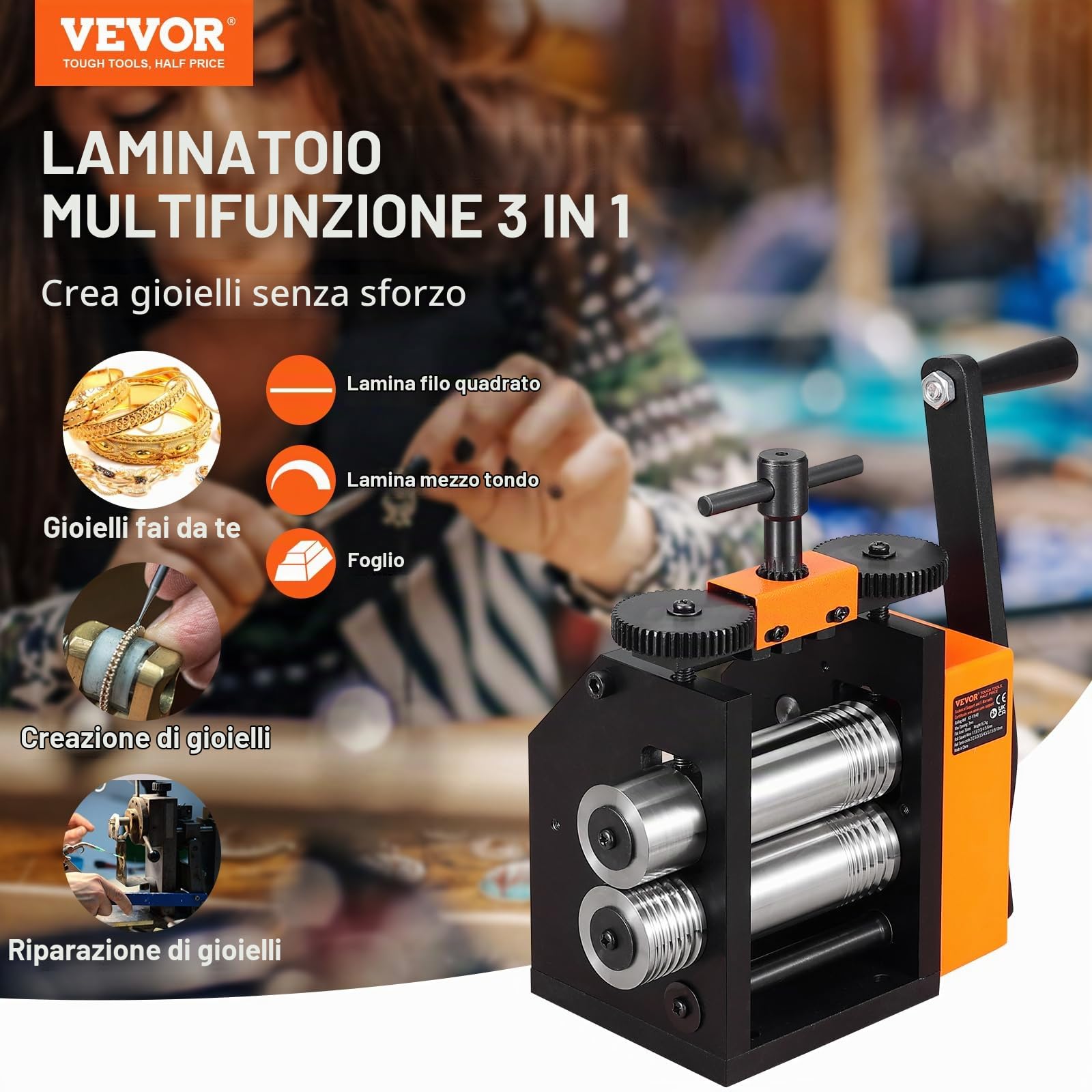 VEVOR Laminatoio per Gioielliere Larghezza 75mm, Laminatoio per Gioielli Spessore 0,03-6,5mm Rapporto di Trasmissione Regolabile 1:2 per la Lavorazione di Gioielli Lamiera Oro Argento Anello Bracciale