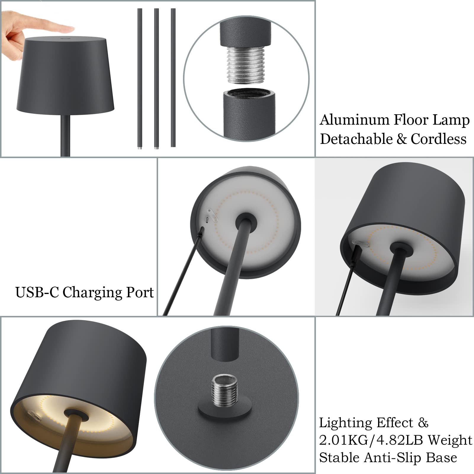 K-Bright Stehleuchte LED 130cm, 4W dimmbares Leselicht, Touch Control, Stehleuchte aus Metall Aluminium, geeignet für Wohnzimmer, Schlafzimmer, Büro Zusatzbeleuchtung(Anthrazit)