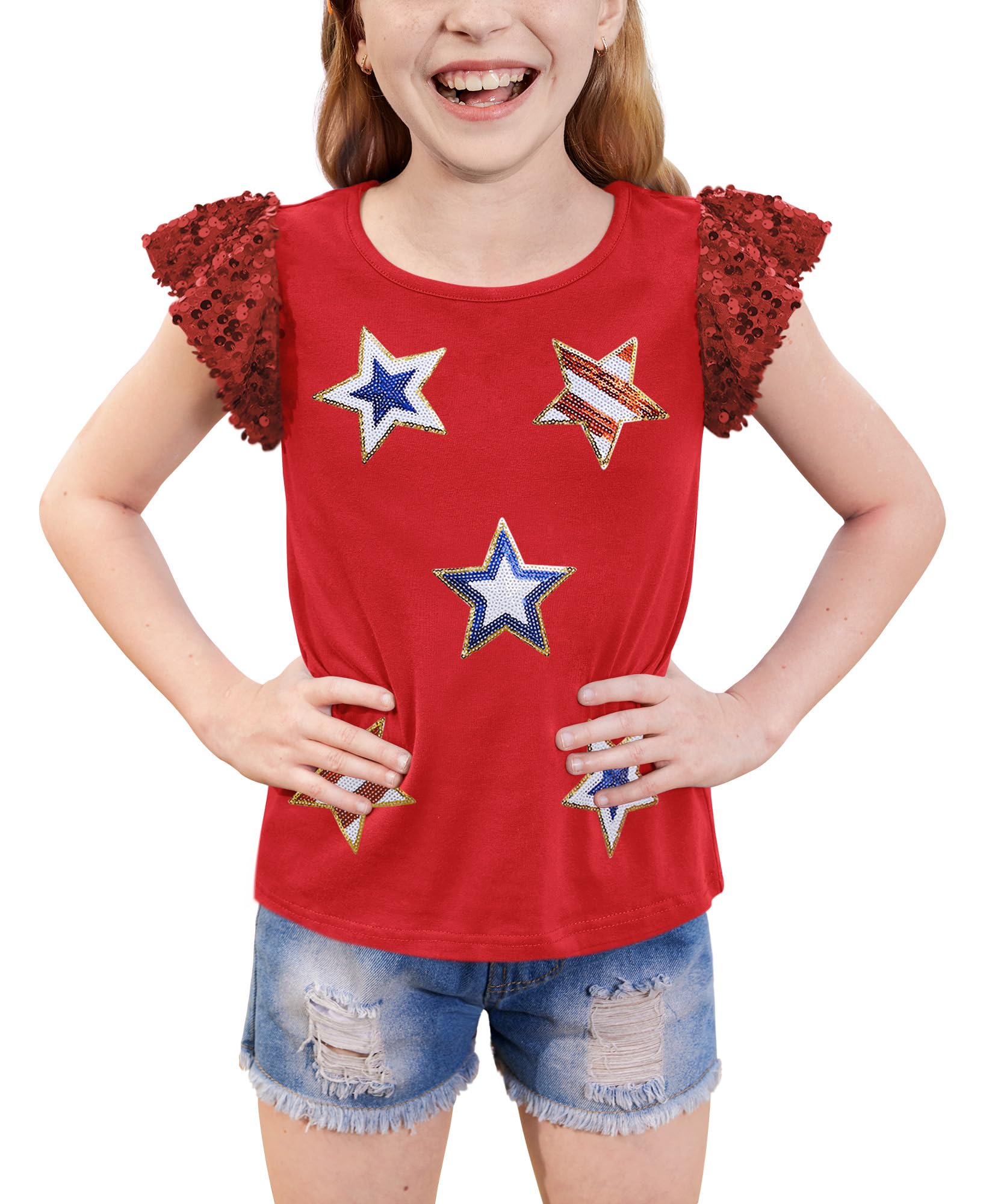 BesserBay Girls 4th of July Sequin Ruffle Short Sleeve Tee Top Flag Red White Blue Shirt 4-12 Years