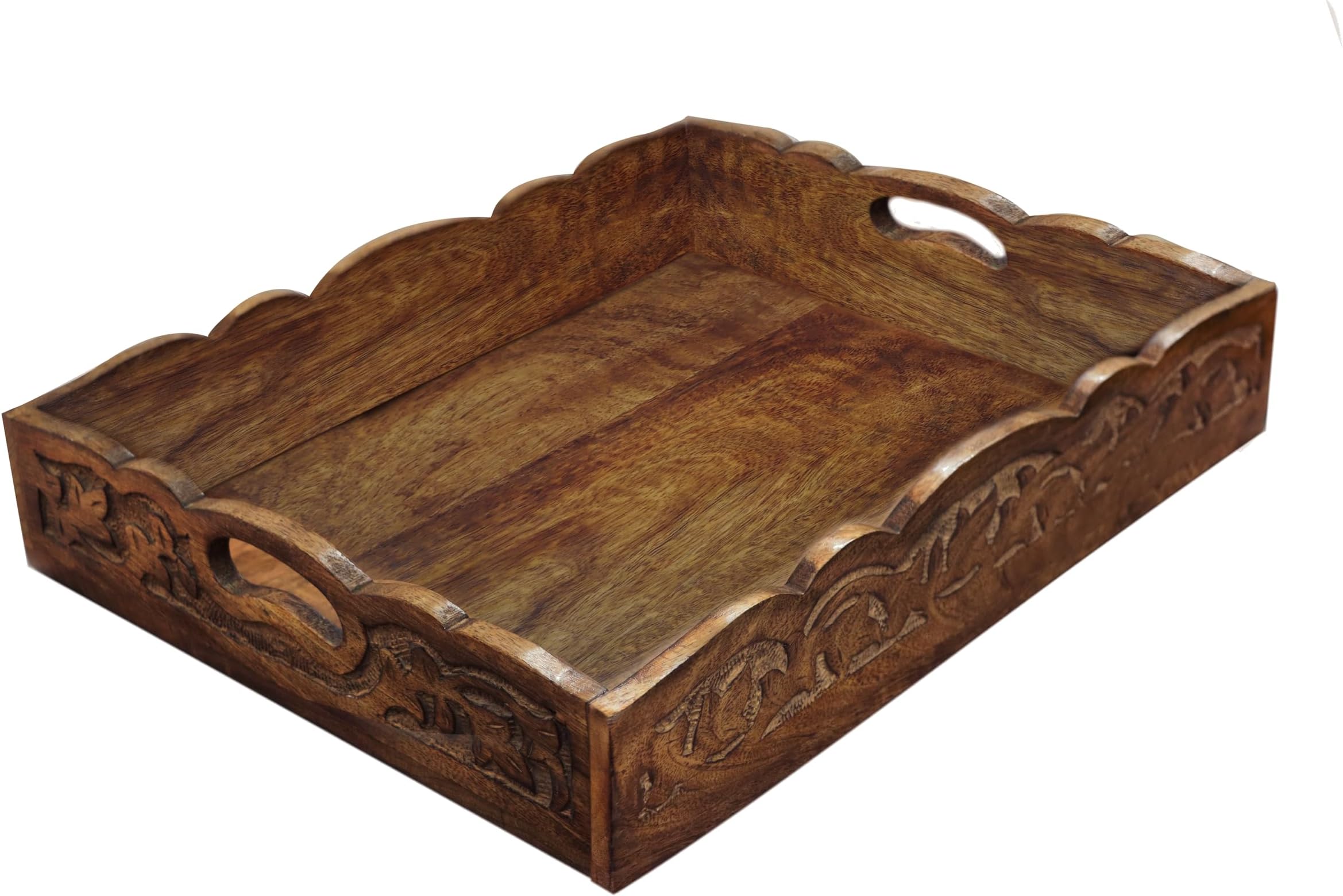 Hand Carved Wooden Serving Tray - Decorative Breakfast Tray with Handles - Rustic Wooden Food Tray with Intricate Detail - Unique Furnishing Accent - Natural Finish - 17 x 13 x 2.5 Inch - COTTON CRAFT