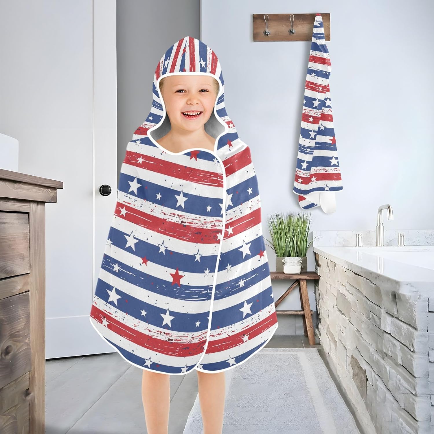 Hooded Beach Towel Red Blue White Stripes White Stars Hooded Beach Towel for Girl Boy Lightweight